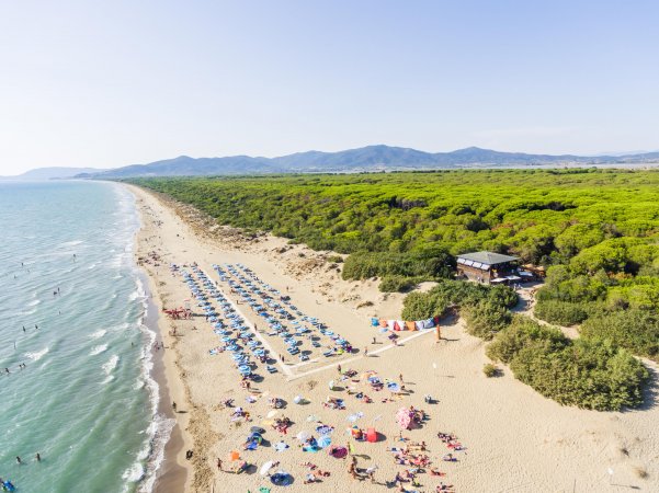 Spiaggia affollata vista dall'alto, vicino a mare e pineta.