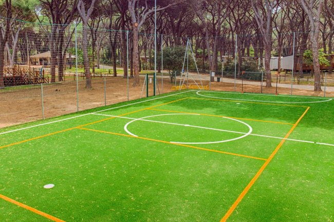 Campo sportivo con erba sintetica, righe arancioni e bianche, circondato da alberi.