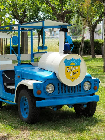 Jeep azzurra con carrozza aperta.