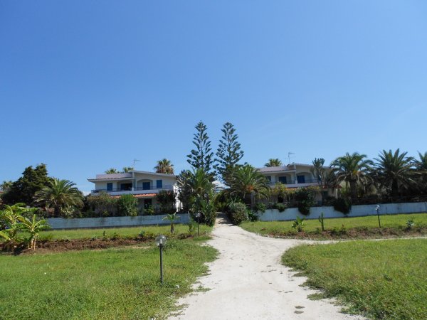 Due case con giardino davanti, circondate da palme e vegetazione.