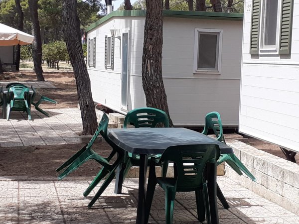 Tavolo con sedie verdi e roulotte bianche in un'area ombreggiata da alberi.