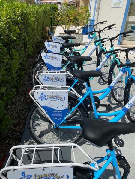 Biciclette blu e nere allineate all'aperto.