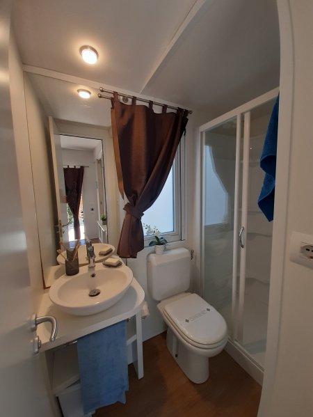 Un bagno moderno con lavabo, toilette e doccia, decorato con una tenda marrone.