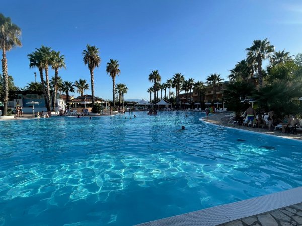 Una piscina circondata da palme e persone che nuotano, sotto un cielo terso.