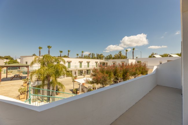Vista panoramica su cortile e alberi.
