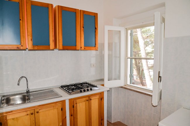 Cucina con mobili in legno e vetro blu, lavello e fornelli, finestra aperta.