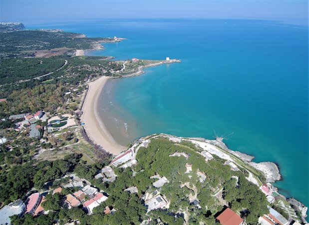 Vista aerea di una spiaggia a forma di mezzaluna, mare azzurro e vegetazione circostante.