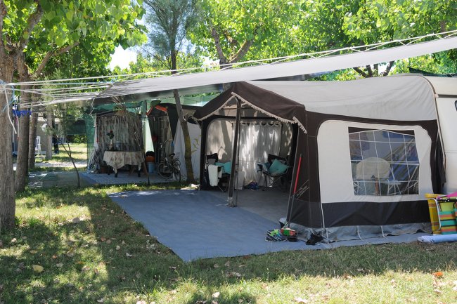Tenda da campeggio montata su erba con ombra degli alberi.