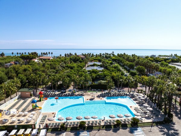 Ampia piscina circondata da lettini, con vista su palme e mare in lontananza.