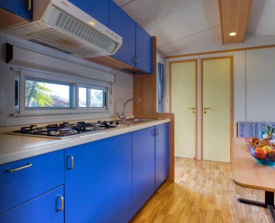Cucina blu con fornelli e tavolo con frutta.