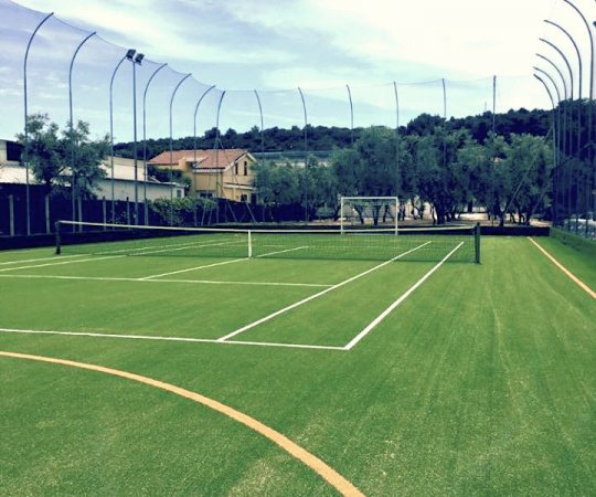 Campo da tennis su erba sintetica, recintato con rete alta, circondato da alberi.