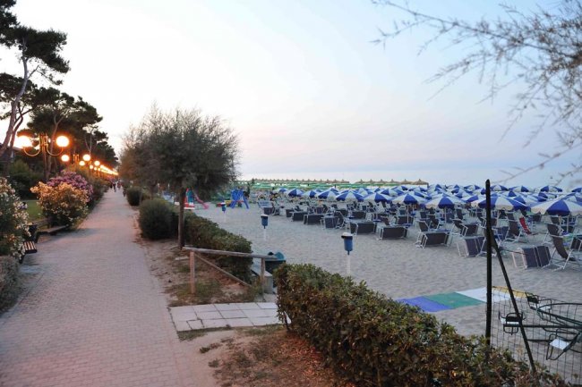 Spiaggia con ombrelloni blu e un viale alberato.