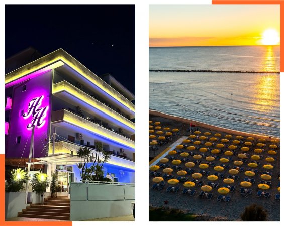 Hotel illuminato e spiaggia al tramonto.