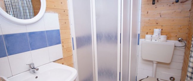 Bagno con lavabo, specchio, cabina doccia vetrata e WC con pareti in legno.
