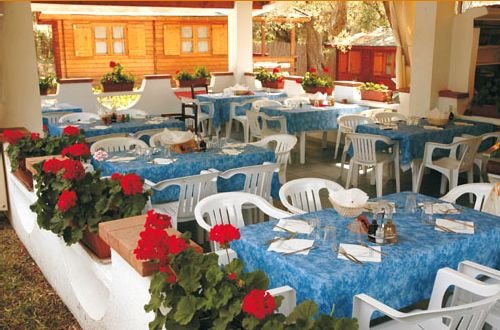 Ristorante all'aperto con tavoli apparecchiati con tovaglie blu, fiori rossi attorno.