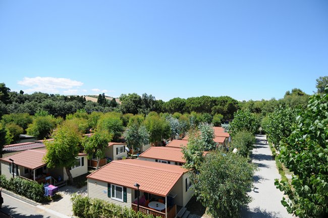 Vista aerea di un campeggio con casette tra alberi e viali alberati.