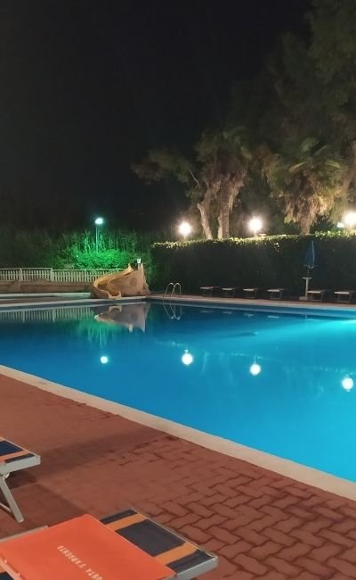 Piscina illuminata di notte con lettini e alberi sullo sfondo.