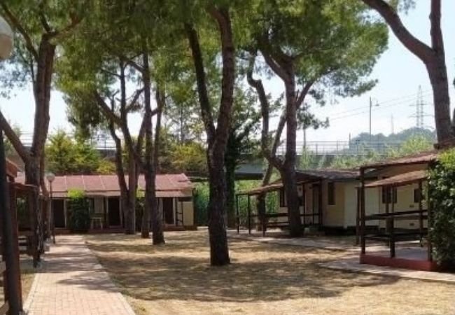 Piccole case tra alberi in un campeggio, con sentieri di mattoni e prati.