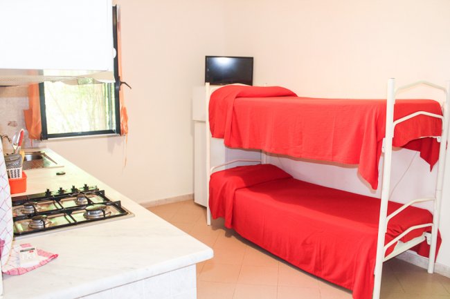 Interno con letti a castello rossi e angolo cottura con fornelli e finestra.