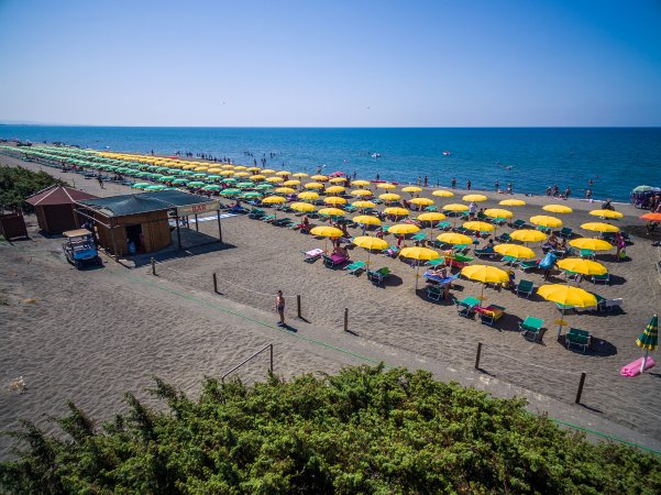 Spiaggia con file di ombrelloni gialli vicino al mare.