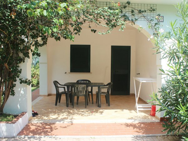 Terrazza con tavolo e sedie sotto una pergola di piante rampicanti.