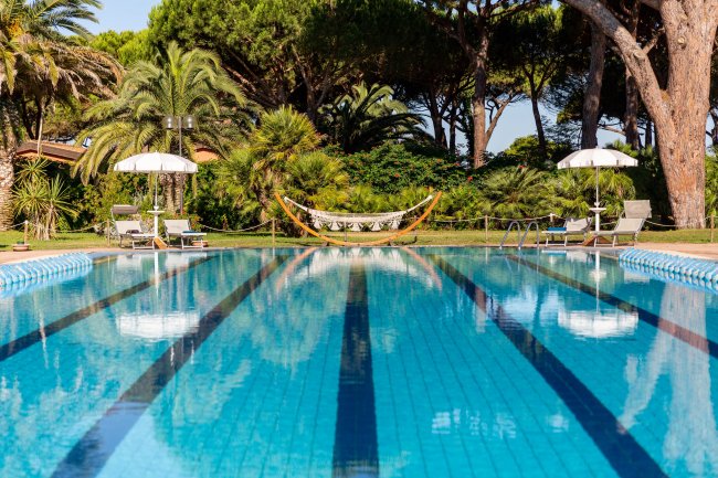 Una piscina con corsie e sedie a sdraio tra alberi e palme.