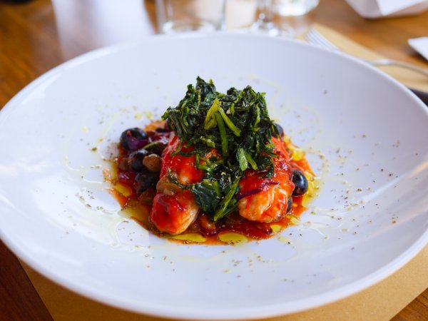 Piatto bianco con cibo decorato: verdure verdi su salsa rossa, accompagnate da condimenti e olio.