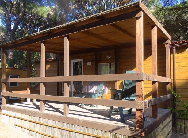 Veranda in legno con sedie e tavolo, circondata da alberi.