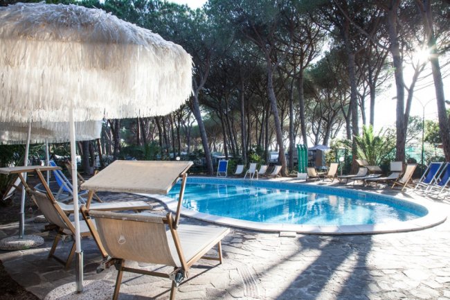 Piscina all'aperto circondata da lettini e ombrelloni di paglia, con alberi sullo sfondo.