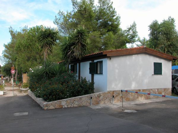Casa bianca con tetto marrone e finestre verdi, circondata da piante e alberi.