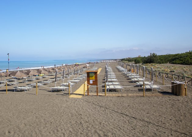 Ampia spiaggia con lettini e ombrelloni allineati, vista dell'oceano a sinistra.