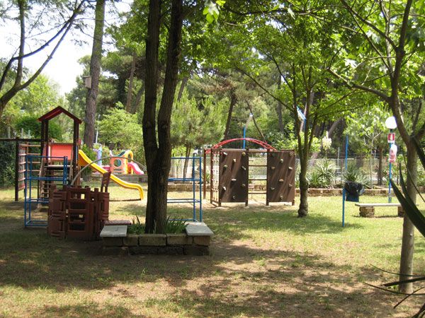 Un parco giochi con strutture per arrampicarsi circondato da alberi.