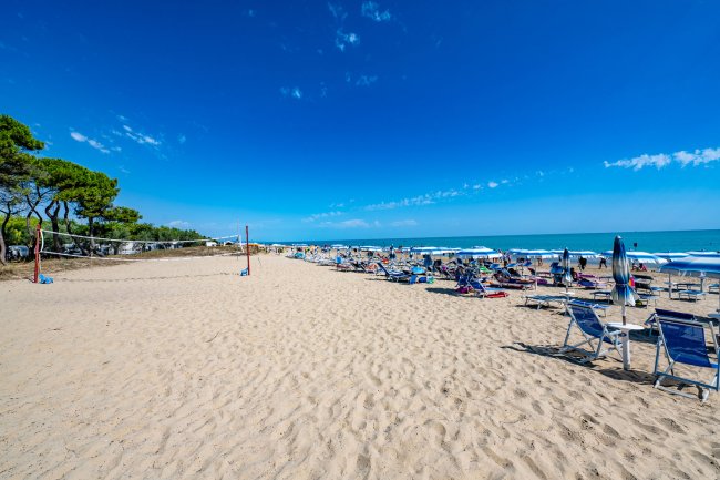 Spiaggia con sedie a sdraio, ombrelloni e campo da beach volley sotto un cielo sereno.