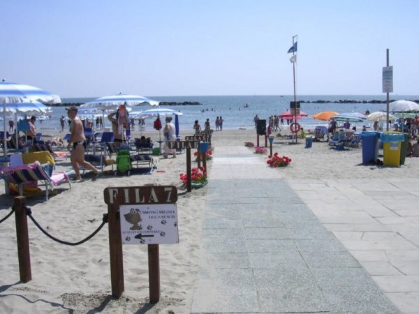 Spiaggia sabbiosa affollata, con ombrelloni blu e turisti che nuotano in mare.
