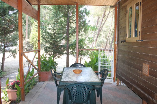 Veranda con tavolo in marmo e sedie, circondata da piante rigogliose.