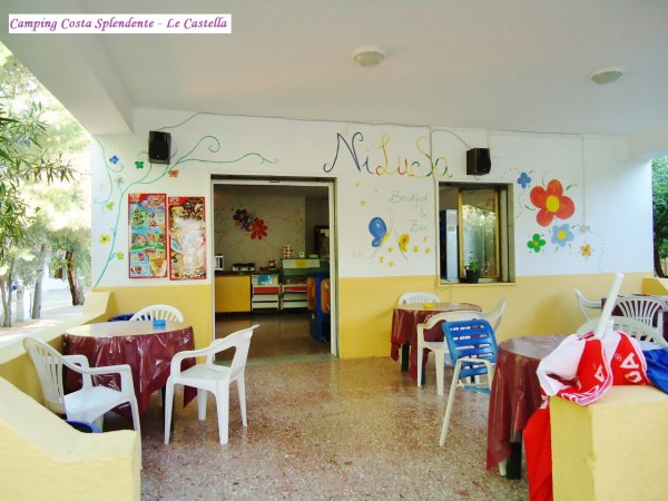 Terrazza di un bar con sedie di plastica, tavoli coperti e decorazioni floreali sui muri.