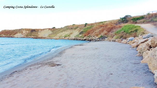 Spiaggia sabbiosa con rocce, vegetazione e colline in lontananza.