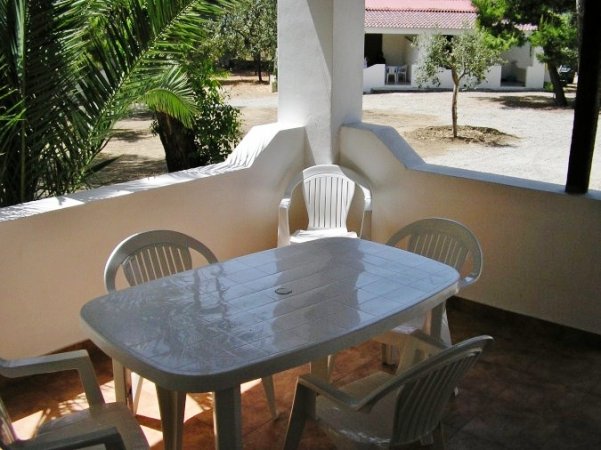 Tavolo bianco con sedie su un patio soleggiato vista palme.