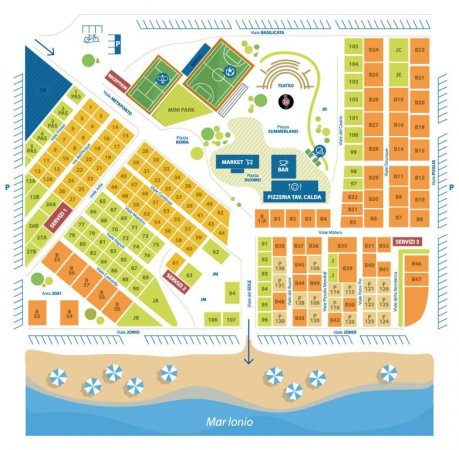 Mappa colorata di un villaggio turistico.
