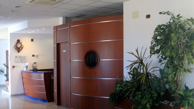 Reception con pareti in legno e piante decorative.