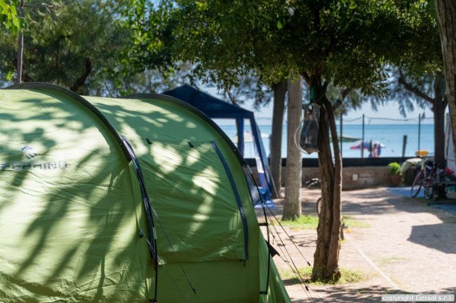 Una tenda verde in un campeggio tra gli alberi, con ombre sul telo.