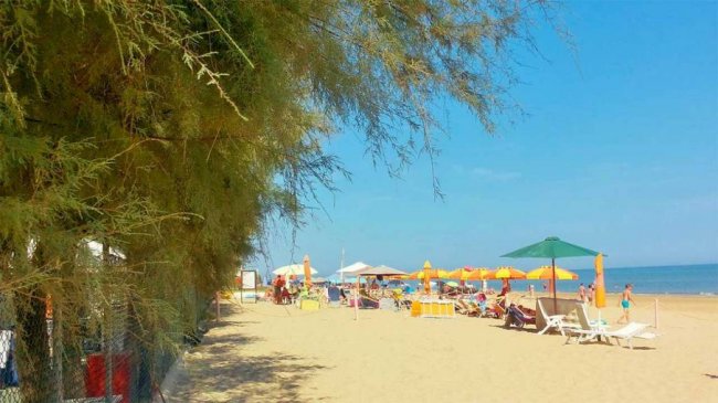 Spiaggia soleggiata con ombrelloni colorati e persone su lettini.