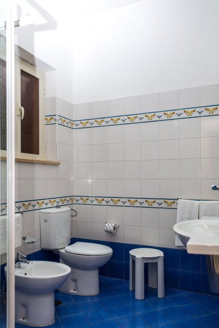 Bagno con piastrelle bianche e blu, WC e lavabo, finestra aperta.