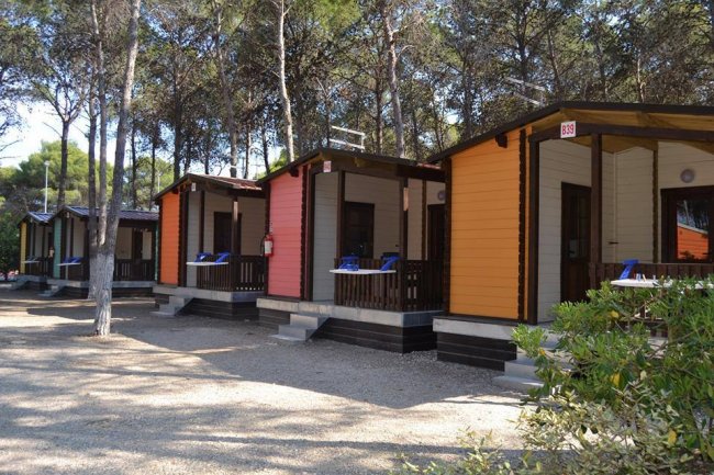 Bungalow colorati in fila tra gli alberi, con piccoli portici.