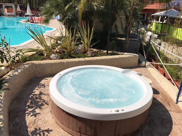 Una vasca idromassaggio rotonda all'aperto, vicina a una piscina e circondata da palme e piante.