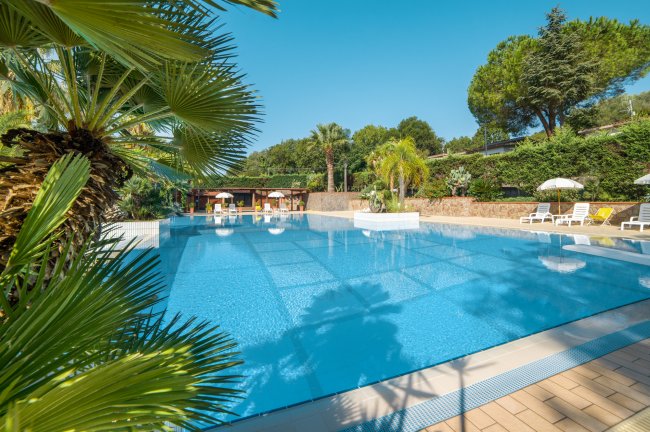 Piscina all'aperto con palme e lettini sotto ombrelloni bianchi.
