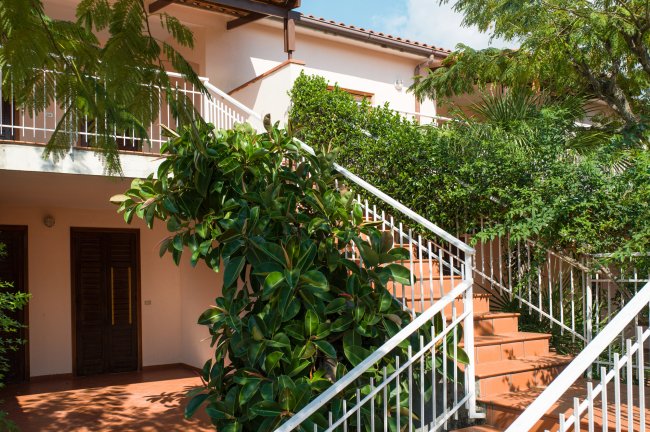 Scalinata esterna di un edificio, circondata da piante verdi e con porte al piano inferiore.