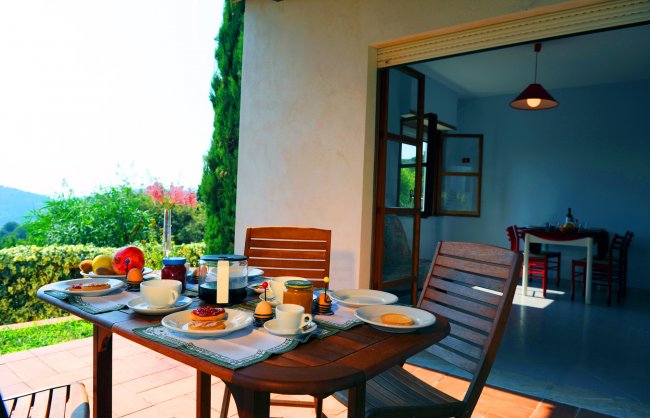Colazione su tavolo di legno all'aperto con vista sul giardino.