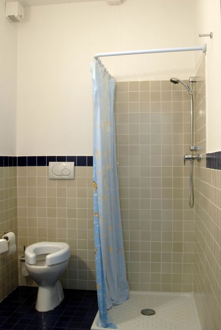 Bagno con doccia angolare, tenda azzurra e water.