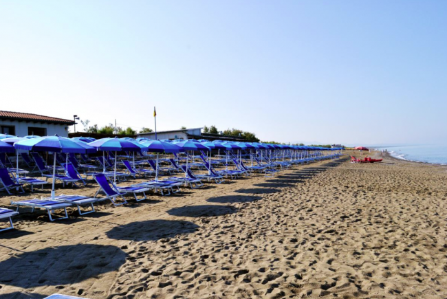 Una spiaggia con file di lettini e ombrelloni blu rivolti verso il mare.